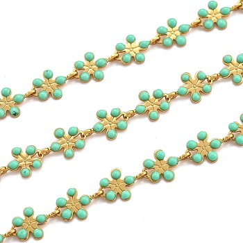 Golden Brass Enamel Link Chain, Long-Lasting Plated, with Spool, Unwelded, Flower, Turquoise, 9x6x1mm, 32.8 Feet(10m)/roll