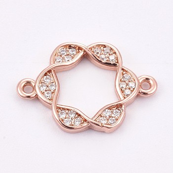 Brass Micro Pave Cubic Zirconia Links, Clear, Long-Lasting Plated, Flower, Rose Gold, 13x19x2mm, Hole: 1mm