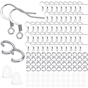 300Pcs 304 Stainless Steel French Earring Hooks, Flat Earring Hooks, Ear Wire, with 300Pcs Jump Rings and 300Pcs Plastic Ear Nuts, Stainless Steel Color, 14x17x2mm, Hole: 2mm, 21 Gauge, Pin: 0.7mm