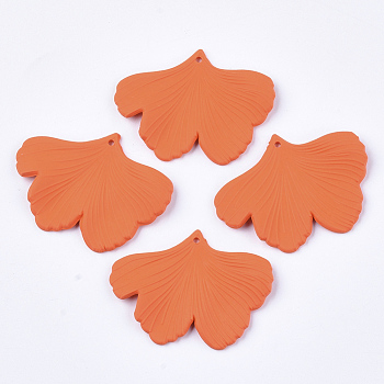 Spray Painted Acrylic Pendants, Rubberized Style, Ginkgo Leaf, Coral, 33x45x2mm, Hole: 1.4mm