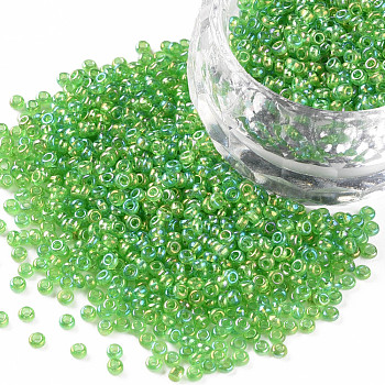 12/0 Grade A Round Glass Seed Beads, Transparent Colours Rainbow, Lawn Green, 12/0, 2x1.5mm, Hole: 0.9mm, about 30000pcs/bag