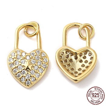 925 Sterling Silver Micro Pave Cubic Zirconia Charms, Heart Lock with Star Charm, with Jump Ring, Real 18K Gold Plated, 14x9x2.5mm, Hole: 2.3mm