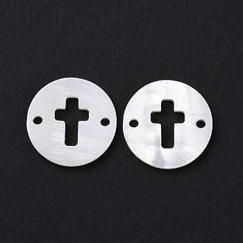 Natural Freshwater Shell Connector Charms, Religion, Flat Round Links, Cross Pattern, 14.5x1.5mm, Hole: 1.5mm