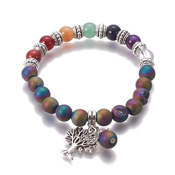 Chakra Jewelry, Natural Chakra Jewelry, Natural Agate Bracelets, with Metal Tree Pendants, 50mm