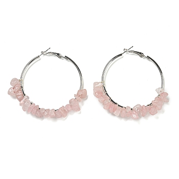 Alloy with Copper Wire Natural Rose Quartz Hoop Earrings, 60~62x10~13mm