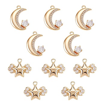 10Pcs 2 Style Brass Micro Pave Cubic Zirconia Pendants, Star & Moon, Real 18K Gold Plated, 12x15x3mm, Hole: 1.4mm and 16x11x3mm, Hole: 1.2mm, 5pcs/style