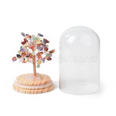 Денежное дерево из натуральных драгоценных камней в купольных стеклянных колокольчиках с украшениями на деревянной основе(DJEW-B007-04E)-3