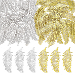 50Pcs 2 Colors 201 Stainless Steel Filigree Pendants, Etched Metal Embellishments, Feather Charm, Mixed Color, 47x18.5~19x0.2~0.3mm, Hole: 1.2mm, 25pcs/color(STAS-UN0064-27)