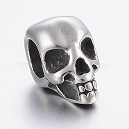 304 Stainless Steel European Beads, Large Hole Beads, Skull, Antique Silver, 13x7x10mm, Hole: 5mm(STAS-H440-85AS)