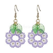 Handmade Seed Beads Dangle Earrings, Flower and Leaf, Lilac, 53.5x24mm(EJEW-MZ00143-03)