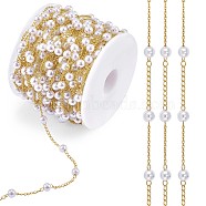 Plastic Pearl Beaded Chain, with Brass Curb Chains, Soldered, with Spool, Golden, 4mm, about 32.81 Feet(10m)/Roll(JX088A)