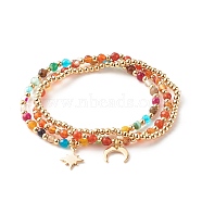 Natural Agate Round Beads Stretch Bracelets, Bracelet, Round, Moon & Star Brass Charm Bracelets for Girl Women, Golden, Orange Red, Inner Diameter: 2-1/4 inch(5.6cm), 3pcs/set(BJEW-JB07294-05)