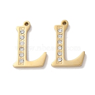 Real 14K Gold Plated 304 Stainless Steel Pendants, with Rhinestone, Letter L, 18x12x2mm, Hole: 1.2mm(STAS-L022-157G-L)