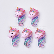 Resin Cabochons, with Glitter Sequins, Unicorn, Colorful, 28x15x6mm(X-CRES-N018-032)