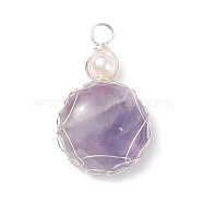 Natural Amethyst Pendants, with Silver Tone Copper Wire and Natural Cultured Freshwater Pearl, Flat Round Charm, 34~37x21~22x7~8mm, Hole: 4~4.5mm(PALLOY-JF01790-01)