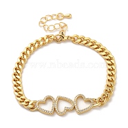 Brass Micro Pave Clear Cubic Zirconia Triple Hollow Heart Cuban Link Chains Bracelets for Women, Real 16K Gold Plated, 7-1/4 inch(18.3cm), Heart: 13.5x35x3mm(BJEW-M322-05G-A)