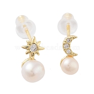 Natural Pearl Asymmetrical Stud Earrings, with Brass Micro Pave Cubic Zirconia Findings and 925 Sterling Silver Pins, Sun & Moon, Real 14K Gold Plated, 9~10x4~5.5mm(EJEW-P256-55G)