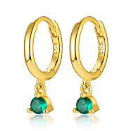 Real 18K Gold Plated 925 Sterling Silver Hoop Earrings, with Cubic Zirconia Diamond Charms, with S925 Stamp, Green, 17mm(MN0975-11)