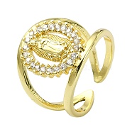 Brass with Cubic Zirconia Open Cuff Ring, Virgin Mary, Real 18K Gold Plated, US Size 7 1/4(17.5mm)(RJEW-B051-54G)