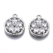 Brass Micro Pave Clear Cubic Zirconia Charms, Flat Round with Flower, Platinum, 13x11.5x3mm, Hole: 1.2mm(ZIRC-S069-023P)