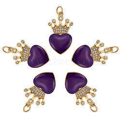 5Pcs Eco-Friendly Brass Micro Pave Cubic Zirconia Pendants, with Enamel & Jump Ring, Real 18K Gold Plated, Long-Lasting Plated, Heart & Crown, Blue Violet, 25x14.5x4mm, Hole: 3.6mm(ZIRC-SZ0003-08I)
