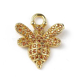 Rack Plating Brass Micro Pave Cubic Zirconia Pendants, Bee Charm, Cadmium Free & Lead Free, Long-Lasting Plated, Real 18K Gold Plated, Orange, 18x15x3mm, Hole: 3mm(KK-C019-13G-02)