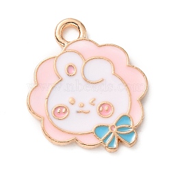 Alloy Enamel Pendants, Light Gold, Rabbit with Bowknot, Pink, 19.5x16.5x1.2mm, Hole: 2mm(FIND-CJC0003-84KCG)