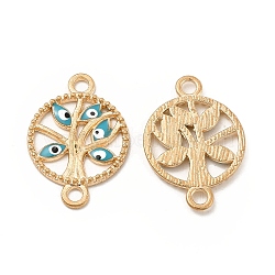 Alloy Enamel Connector Charms, Flat Round Tree Links with Evil Eye, Light Gold, Nickel, Teal, 23.5x16.5x2mm, Hole: 2mm(FIND-H039-19KCG-D)