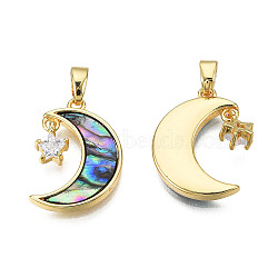 Brass Clear Cubic Zirconia Pendants, with Synthetic Abalone Shell/Paua Shells, Moon with Star Charms, Real 18K Gold Plated, Nickel Free, Colorful, 19x13x2mm, Hole: 2.5x5mm(X-KK-N233-406)