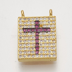 Brass Cubic Zirconia Pendants, Rectangle with Cross, Golden, Camellia, 16x11x2.5mm, Hole: 1mm(ZIRC-S061-89C)