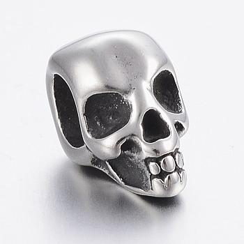 304 Stainless Steel European Beads, Large Hole Beads, Skull, Antique Silver, 13x7x10mm, Hole: 5mm
