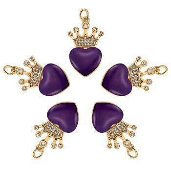 5Pcs Eco-Friendly Brass Micro Pave Cubic Zirconia Pendants, with Enamel & Jump Ring, Real 18K Gold Plated, Long-Lasting Plated, Heart & Crown, Blue Violet, 25x14.5x4mm, Hole: 3.6mm