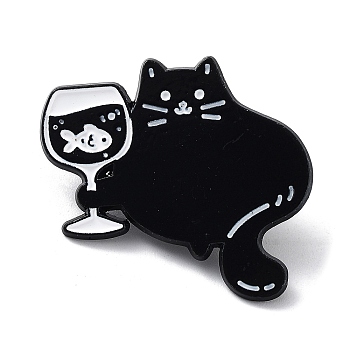 Cartoon Style with Fish Goblet Cat Enamel Pins, Black Alloy Badge for Men Women, Black, 28x31x1.5mm