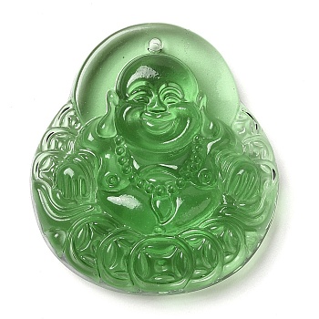Glass Pendants, Figure of Buddha, Green, 39.5x36x10.5mm, Hole: 1mm