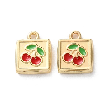 Rack Plating Alloy Enamel Pendants, Square with Cherry Charm, Golden, 14x11x2.5mm, Hole: 1.5mm