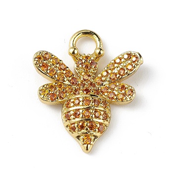 Rack Plating Brass Micro Pave Cubic Zirconia Pendants, Bee Charm, Cadmium Free & Lead Free, Long-Lasting Plated, Real 18K Gold Plated, Orange, 18x15x3mm, Hole: 3mm