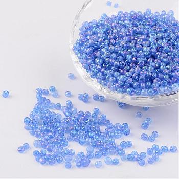 Round Trans. Colors Rainbow Glass Seed Beads, Cornflower Blue, Size: about 3mm in diameter, hole: 1mm, about 1102pcs/50g