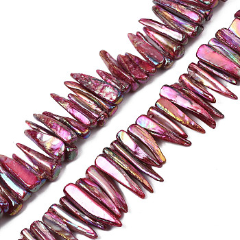 Electroplated Natural Freshwater Shell Beads, Teardrop, AB Color, Pale Violet Red, 14~34x4~11x2~7mm, Hole: 1mm, about 57~78pcs/strand, 14.37 inch~15.35 inch(36.5~39cm)