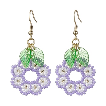 Handmade Seed Beads Dangle Earrings, Flower and Leaf, Lilac, 53.5x24mm