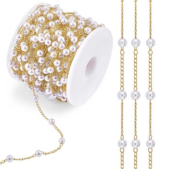 Plastic Pearl Beaded Chain, with Brass Curb Chains, Soldered, with Spool, Golden, 4mm, about 32.81 Feet(10m)/Roll