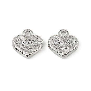 Brass Micro Pave Cubic Zirconia Pendants, Heart Charms, Real Platinum Plated, 9.5x9.5x2.5mm, Hole: 1.2mm