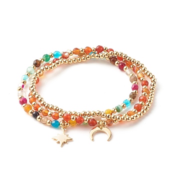 Natural Agate Round Beads Stretch Bracelets, Bracelet, Round, Moon & Star Brass Charm Bracelets for Girl Women, Golden, Orange Red, Inner Diameter: 2-1/4 inch(5.6cm), 3pcs/set