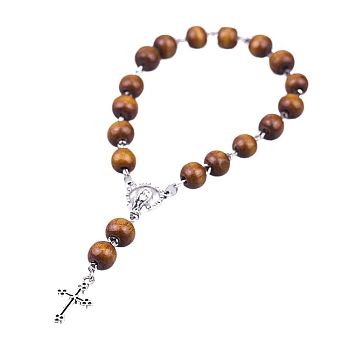 Alloy Cross Charm Bracelet, Wood Rosary Beads Bracelet, Coconut Brown, 7-1/2 inch(19cm)