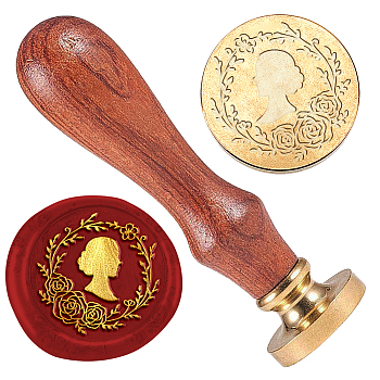 Wax Seal Stamp Set, 1Pc Golden Tone Sealing Wax Stamp Solid Brass Head, with 1Pc Wood Handle, for Envelopes Invitations, Gift Card, Woman, 83x22mm, Head: 7.5mm, Stamps: 25x14.5mm