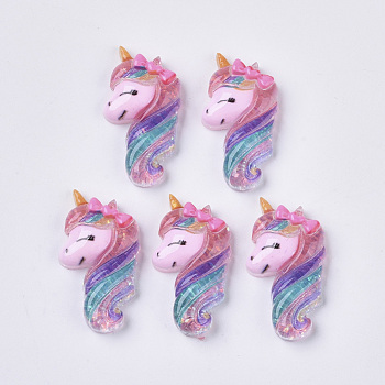 Resin Cabochons, with Glitter Sequins, Unicorn, Colorful, 28x15x6mm