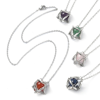 Mixed Round Natural Gemstone Pendant Necklaces, Rhombus Stainless Steel Macrame Pouch Pendant Necklaces, Cable Chain Necklace, Stainless Steel Color, 17-7/8 inch(45.4cm)
