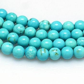 Natural Magnesite Beads Strands, Dyed, Round, Turquoise, 4mm, Hole: 1mm, about 38~40pcs/strand, 16 inch(40.6cm)