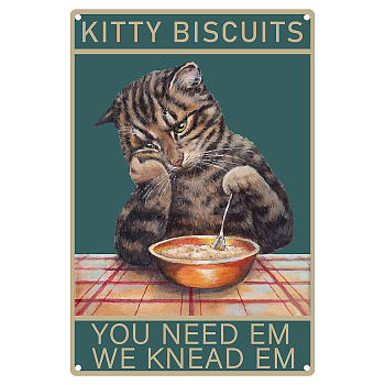 Tinplate Sign Poster, Vertical, for Home Wall Decoration, Rectangle with Word Kitty Biscuits, Cat Pattern, 300x200x0.5mm