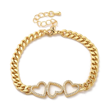 Brass Micro Pave Clear Cubic Zirconia Triple Hollow Heart Cuban Link Chains Bracelets for Women, Real 16K Gold Plated, 7-1/4 inch(18.3cm), Heart: 13.5x35x3mm