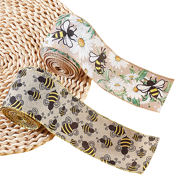 2 Rolls 2 Patterns Insect Theme Polyester Ribbon, for Scene Decoration, Gift Wrapping, Ladybug/Bees Pattern, Yellow, Bees Pattern, 2-1/2 inch(63mm), about 6 yards/roll, 1 roll/pattern